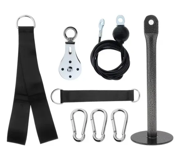 Pulley Cable Machine LAT Pull System DIY Set, 2m Cable, Weight Loading Pin, Swivel Pulley, Hanging Strap, Triceps Strap, Carabiners