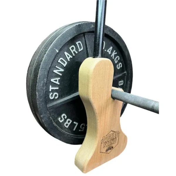 JACKED STAND BY MICRO GAINZ WOODEN DEADLIFT JACK, USED FOR OLYMPIC BARBELLS